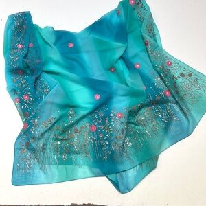 Floral Teal Green Hand Painted Silk Scarf
